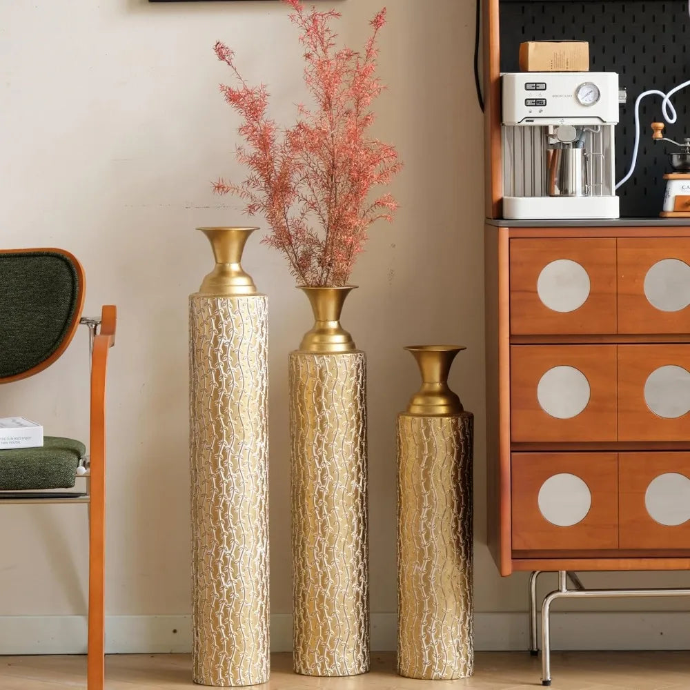 Gold Metal Vase Set of 3, Metallic Centerpiece Decorative Vases with Twigs Dried Flowers for Home Living Room32" H, 28" H, 24" H