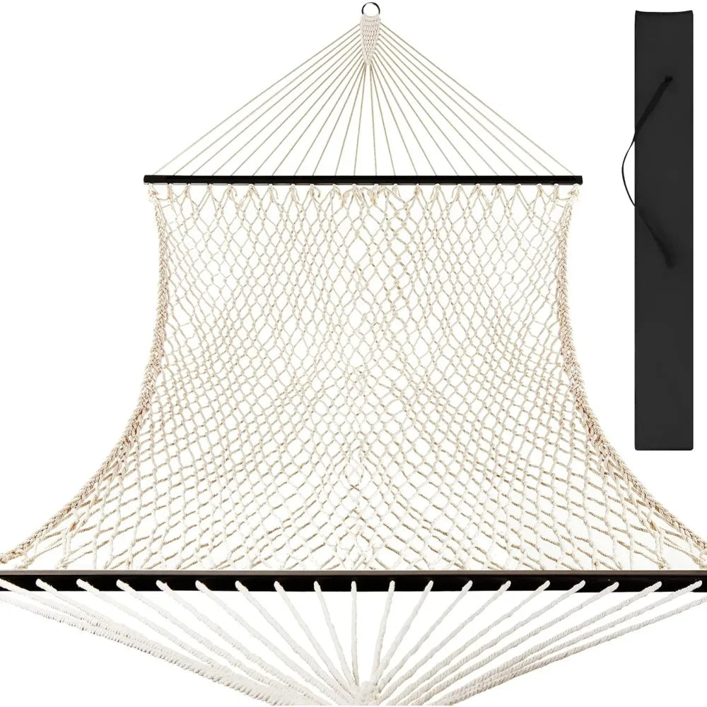 2-Person Double Hammock, Outdoor Woven Cotton Rope Hammocks for Backyard, Patio w/Spreader Bars, Carrying Case