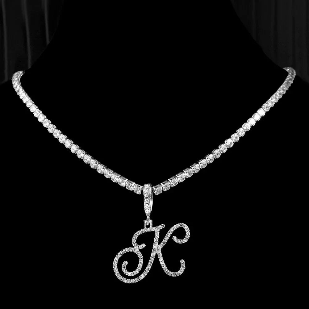 Caraquet Cursive Alphabet Name Necklace CZ Chain Pendant