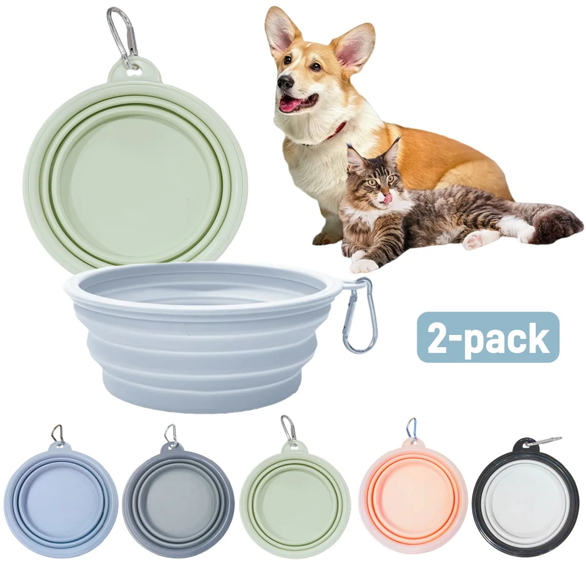 Hign-concerned Collapsible Silicone Dog Food And Water Bowl For Outdoor Camping Carabiner