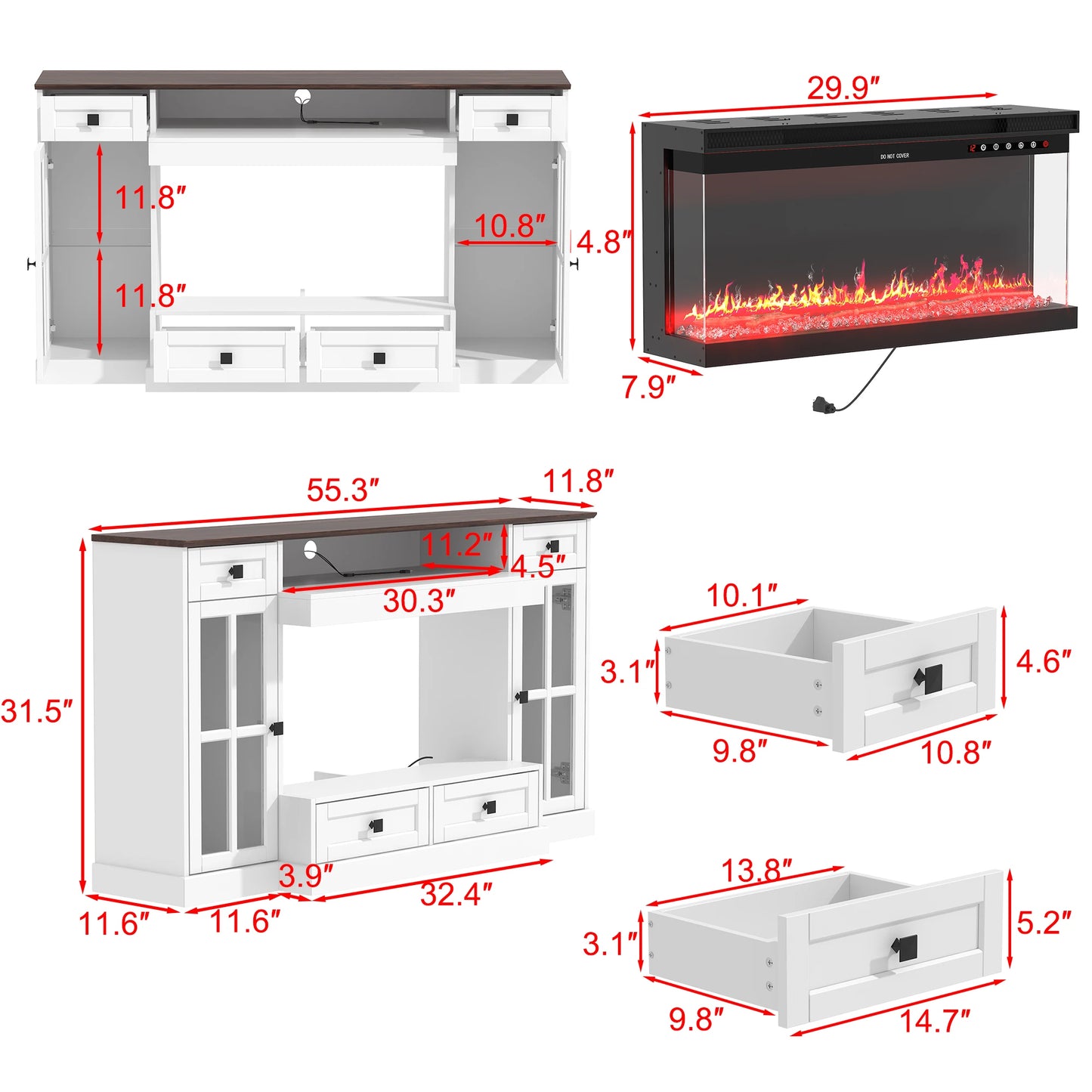 FUFU&GAGA Modern 55'' White Fireplace TV Stand with 12-Color LED Flames, Remote Control, Adjustable Heat & RGB Cabinet Lighting