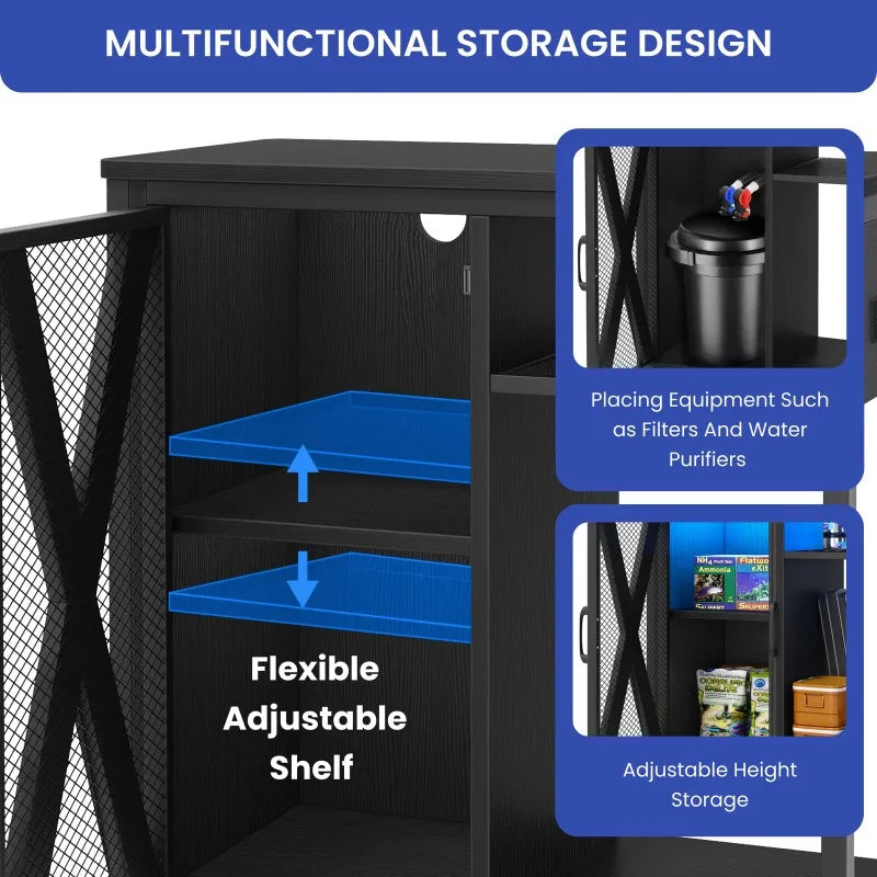 Hign-concerned Metal Wood Aquarium Stand With Electrical Outlet Storage Shelving