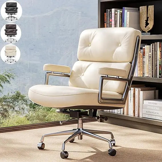 Genuine Leather Office Chair, Mid Back Executive Desk Chair with Aluminum Arms and Wheels, Swivel Office Leather Chair with Thic