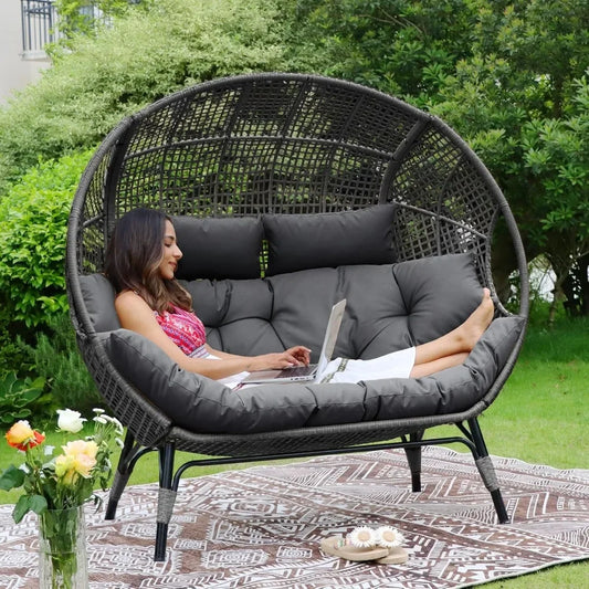 Double Egg Chair Indoor Outdoor Stationary Oversized Thicken Padded Cushions,2 Person Egg Loveseat Chair,for Patio Balcony