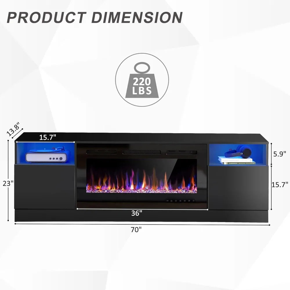 70" Fireplace TV Stand for TVs Up to 80" with 36" Electric Fireplace, TV Console for The Living Room, LED Light Entertainment C