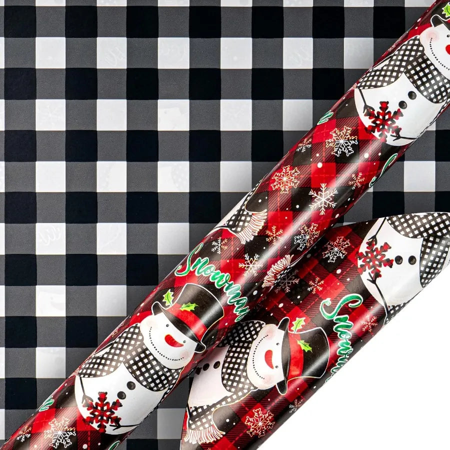 Christmas Wrapping Paper Roll Snowman Plaid Reversible Gift Wrap