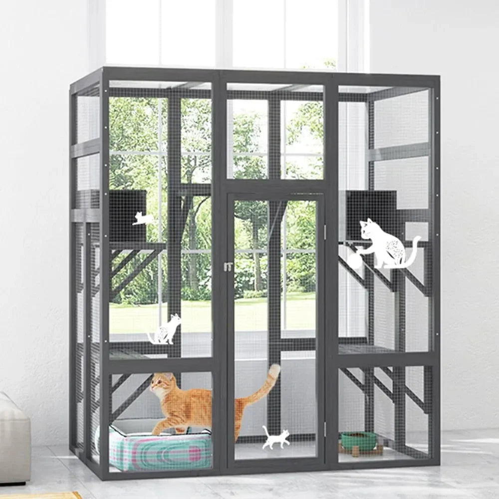 70Inches Large Stable Spacious Wooden Catio Outdoor Cat Enclosure with Perches and Condos, Cat Cage Indoor with Waterproof Roof