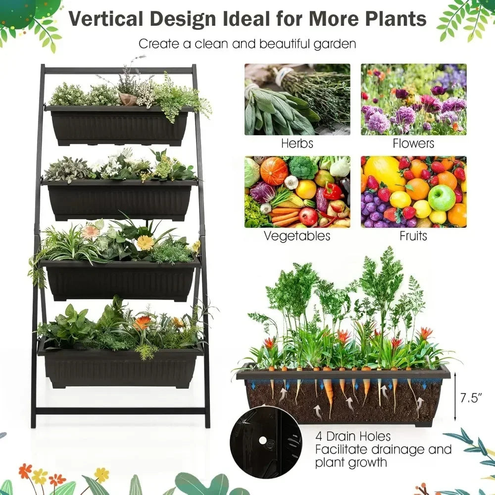 2 Pcs 5.2FT Vertical Raised Garden Bed, 4-Tier Elevated Planter Box w/4 Containers & Drainage Holes